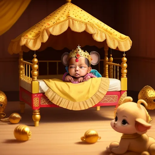 a baby girl in a bed with a little mouse next to it and a small elephant toy next to it, by Pixar Concept Artists