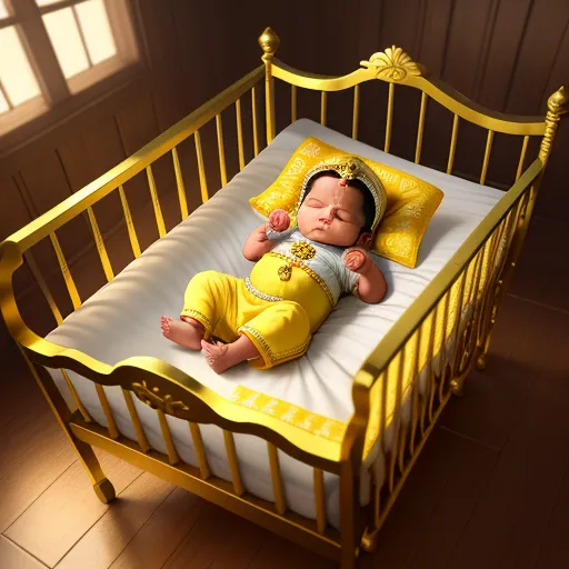 high resolution images - a baby is laying in a yellow crib with a yellow pillow on it's side and a yellow blanket on the top of the crib, by Pixar Concept Artists