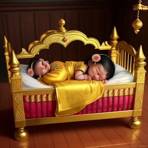 a digital painting of two babies sleeping in a bed with gold sheets and a pink blanket on top of it, by Pixar Concept Artists