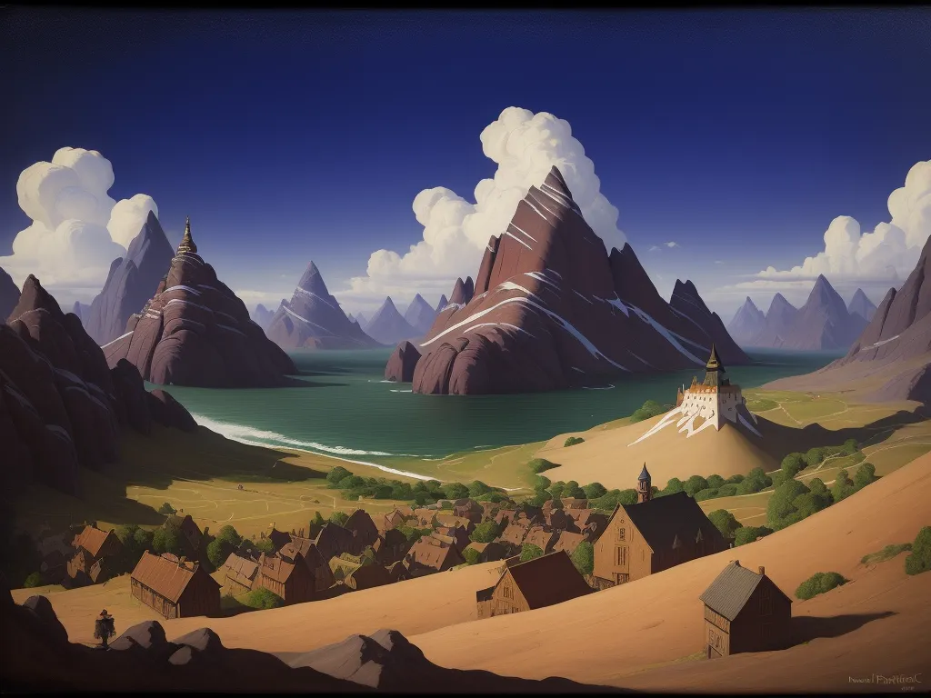 image generator from text - a painting of a mountain landscape with a lake and village in the foreground and a mountain range in the background, by Nicholas Roerich