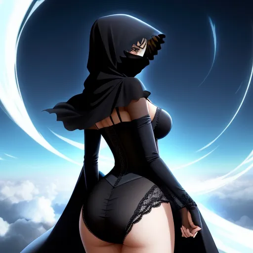 a woman in a black corset and a hoodie is standing in the sky with clouds behind her, by Sailor Moon