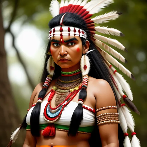 ai image generator text - a woman in native american clothing standing in a forest with trees in the background and a tree trunk in the foreground, by Kent Monkman