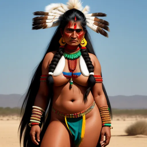 how to make photos high resolution - a woman in a native american costume standing in the desert with her headdress on and a large feathered headdress, by Kent Monkman
