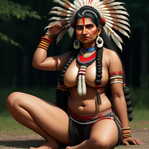 a woman with a headdress sitting on the ground in a forest area with trees in the background, by Kent Monkman