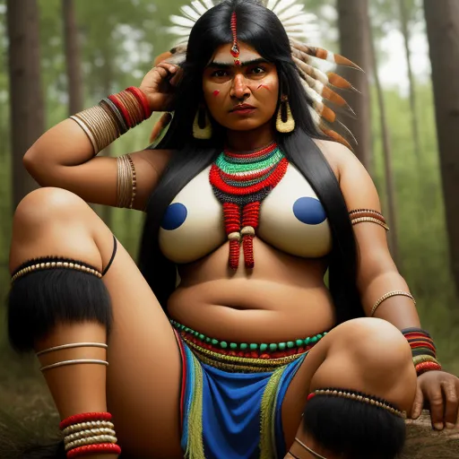 ai image generator dall e - a woman with a big breast and a headdress on sitting in the woods with her hands on her head, by Kent Monkman