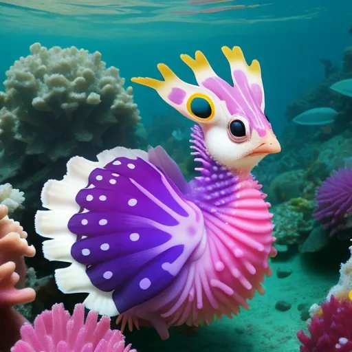 ai image genorator - a sea animal with a purple and white shell on its back and a yellow crown on its head, swimming among corals, by Pixar Concept Artists