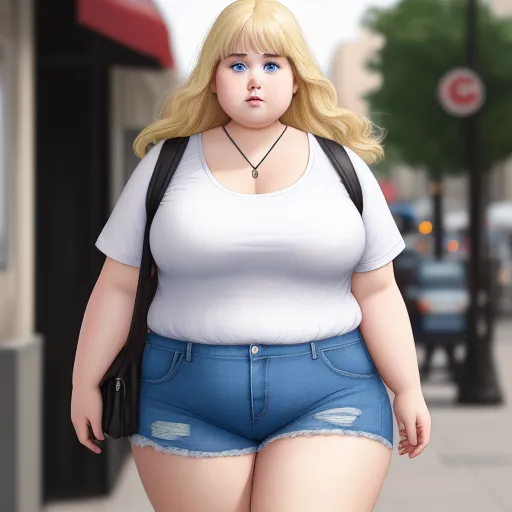 make photo higher quality: Obese woman, blonde hair, blue eyes, jean shorts