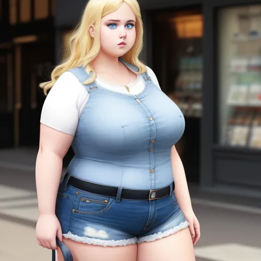 ai created pictures: Obese woman, blonde hair, blue eyes, jean shorts