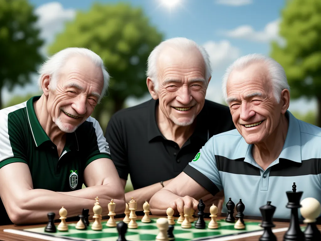 high quality pictures online - three older men playing chess together on a chess board with trees in the background and a blue sky with white clouds, by Adam Martinakis