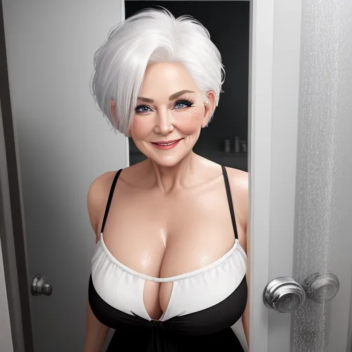 upscale images - a woman with white hair and a black dress is standing in a doorway with a door handle and a black and white dress, by Botero