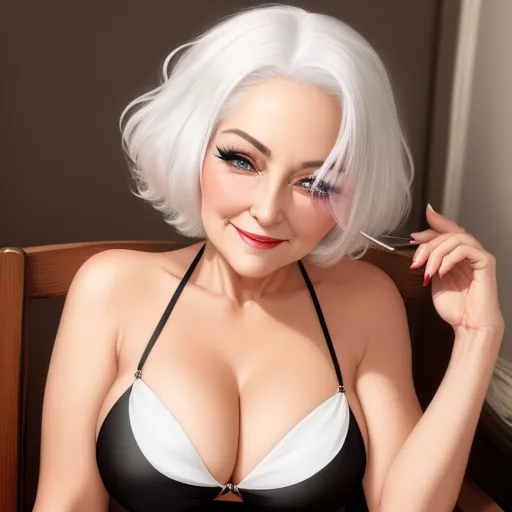 best image ai - a woman with white hair wearing a black and white bra and a black and white bra top and a black and white bra, by Terada Katsuya