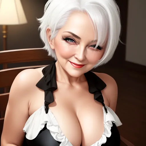 text image generator ai - a woman with white hair and a black top is smiling at the camera while sitting in a chair with a lamp on the side, by Terada Katsuya
