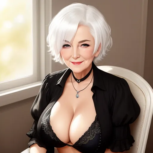 low quality picture - a woman with white hair and a black shirt is sitting in a chair and smiling at the camera with her big breast, by Terada Katsuya