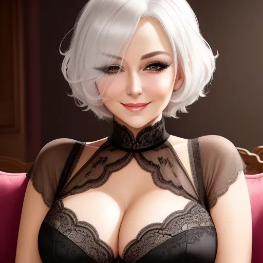 ai image generator from text online - a very cute lady with big breast and very big breast breasts in a black bra top and black stockings, by Terada Katsuya