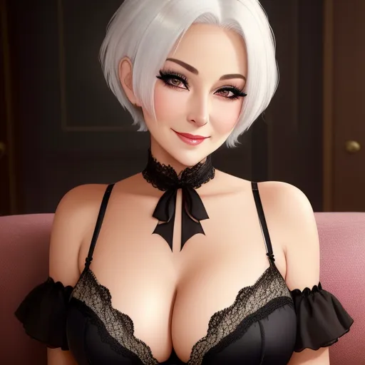 highest resolution image - a very cute lady with big breast wearing a bra and black lingerie with a bow tie on her neck, by Terada Katsuya