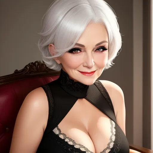 advanced ai image generator - a woman with white hair and a black top is sitting in a chair and smiling at the camera with a smile on her face, by Terada Katsuya