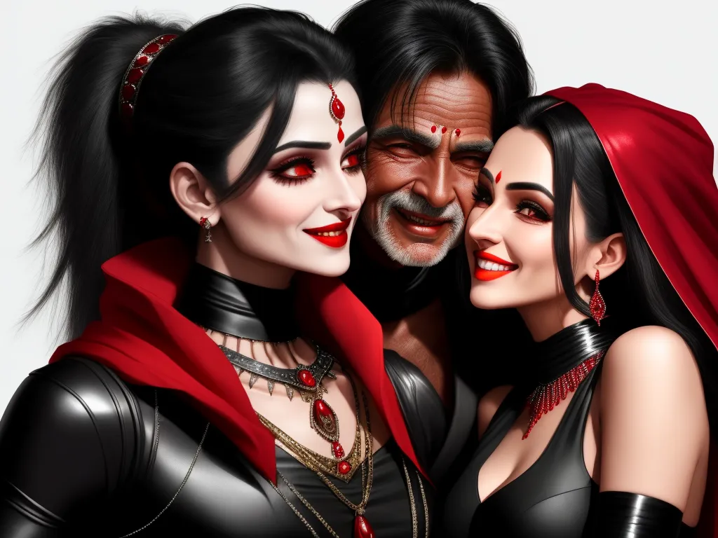 ai text image - a couple of women standing next to each other wearing red makeup and a man in a red cape and a woman in black, by Lois van Baarle