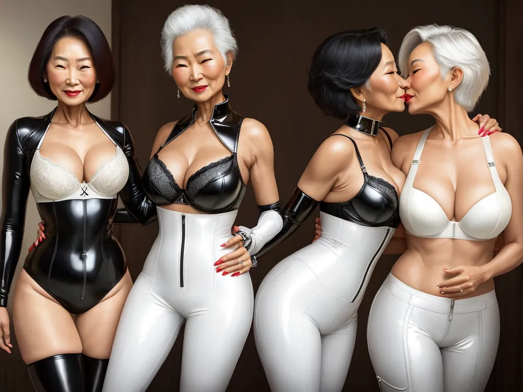 three women in latex clothing are posing for a picture together, one of them is kissing the other, by Terada Katsuya