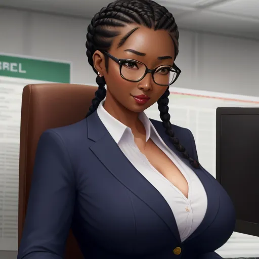 image sharpener - a woman in a suit and glasses sitting in front of a computer screen with a monitor on her desk, by Toei Animations