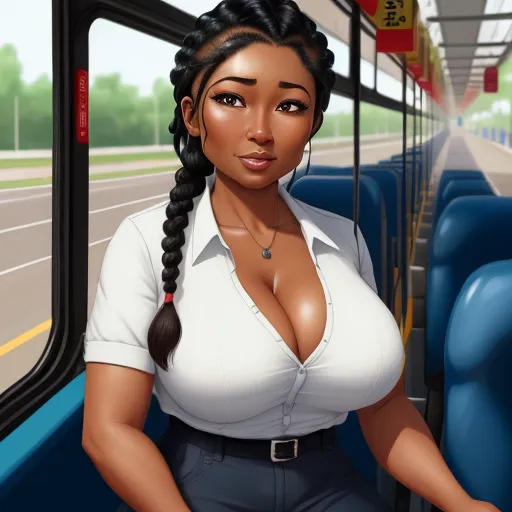 text to picture generator ai - a woman with a ponytail sitting on a bus looking out the window at the camera, with a train in the background, by Hayao Miyazaki