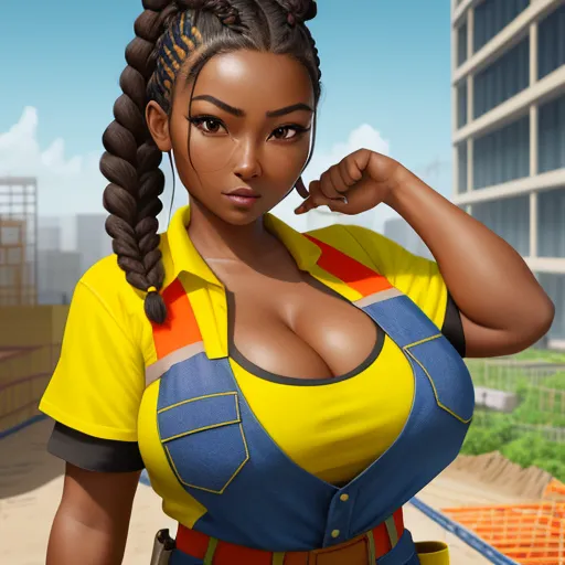 ai image enhancer - a woman in a yellow shirt and blue overalls posing for a picture in a construction area with a building in the background, by Akira Toriyama