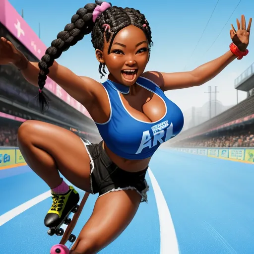 a woman is riding a skateboard on a track in a virtual world of sports and entertainment, with a stadium in the background, by Jamie Hewlett