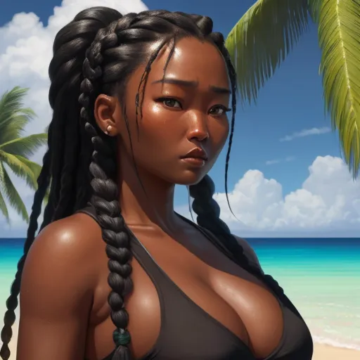 animated image ai - a woman with a braid standing on a beach next to a palm tree and ocean in the background with a sky and clouds, by Daniela Uhlig