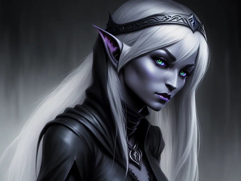 turn a picture into high resolution - a woman with white hair and blue eyes wearing a black outfit and a white wig with horns and a black collar, by Daniela Uhlig