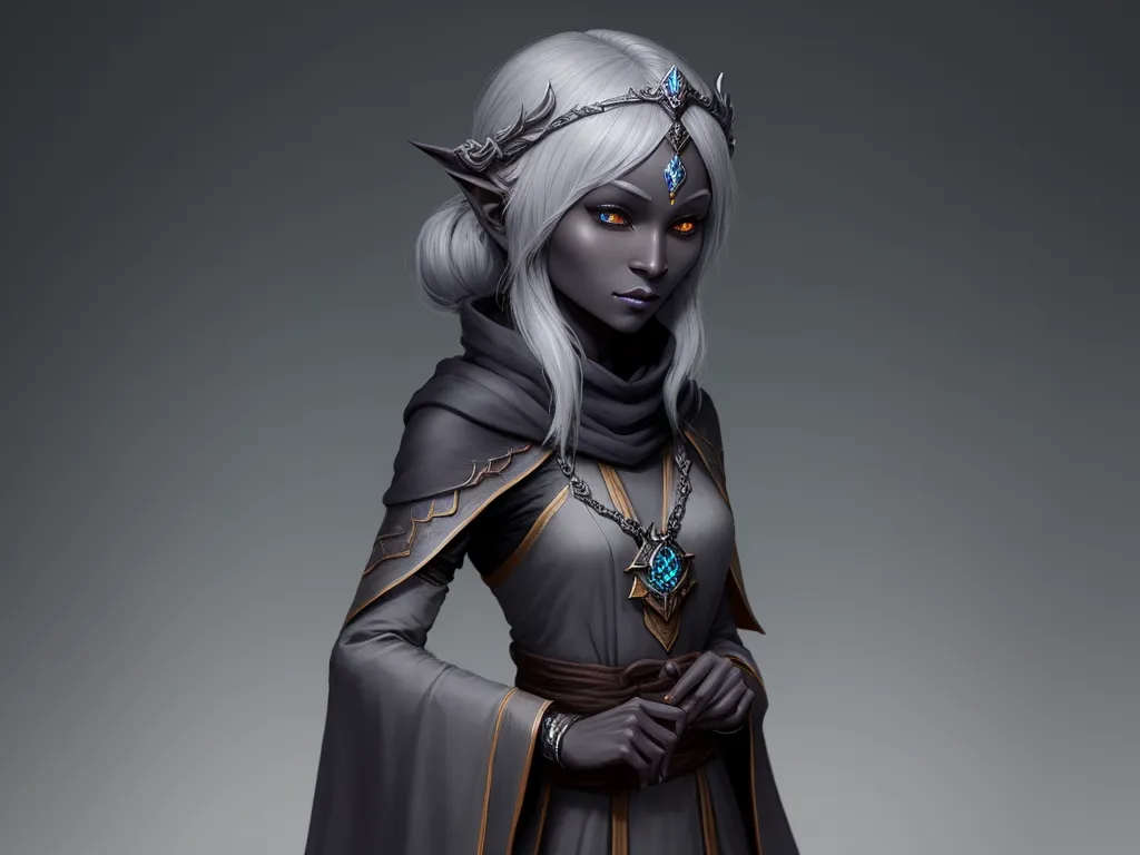 text to ai image generator - a woman in a gray dress with a blue necklace and a crown on her head and a necklace with a blue crystal, by Lois van Baarle