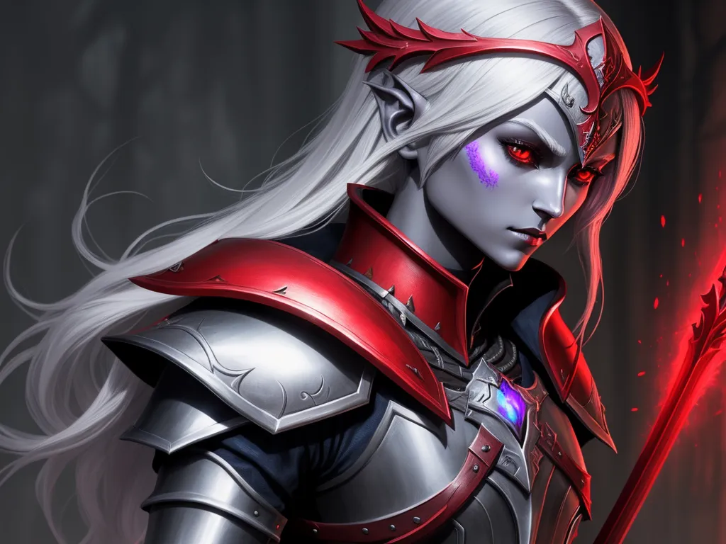 ai generated images: one female drow, red plate armor, full body,