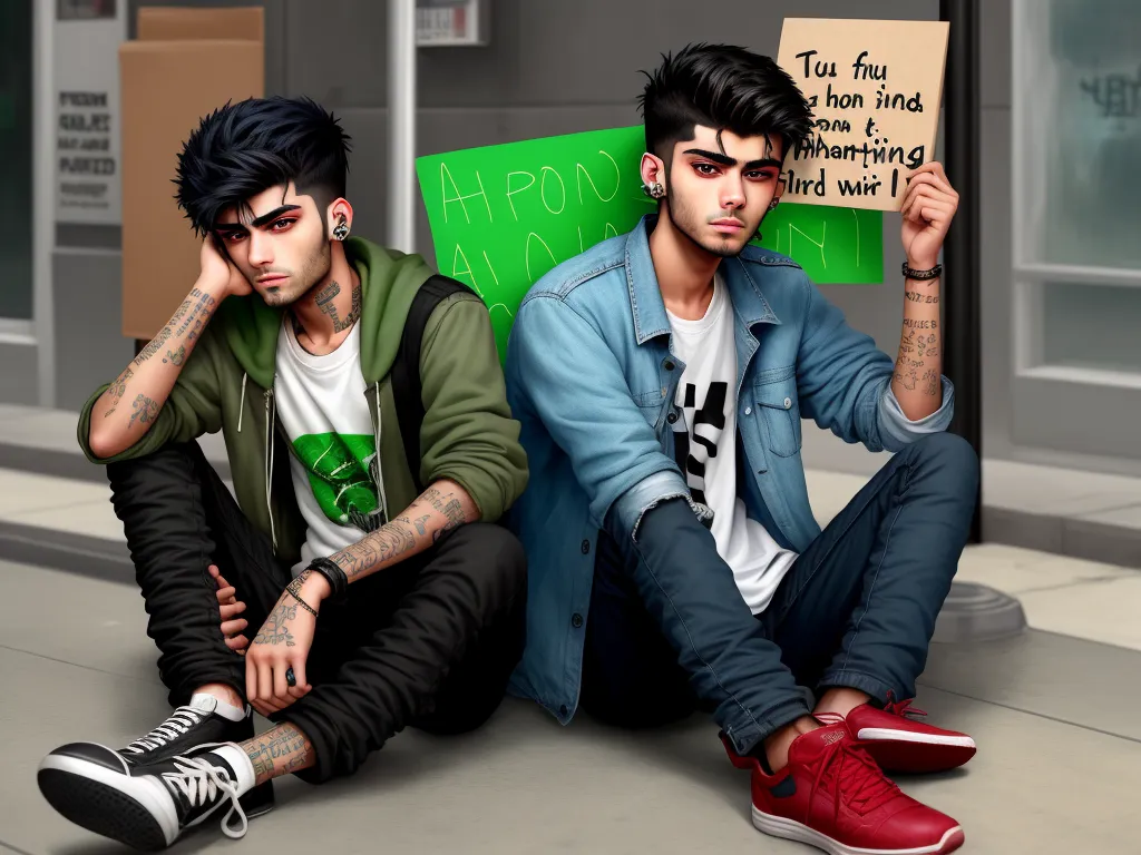 how to make image higher resolution - two young men sitting on the ground with a sign in front of them that says happy birthday and a green sign with a message, by Lois van Baarle