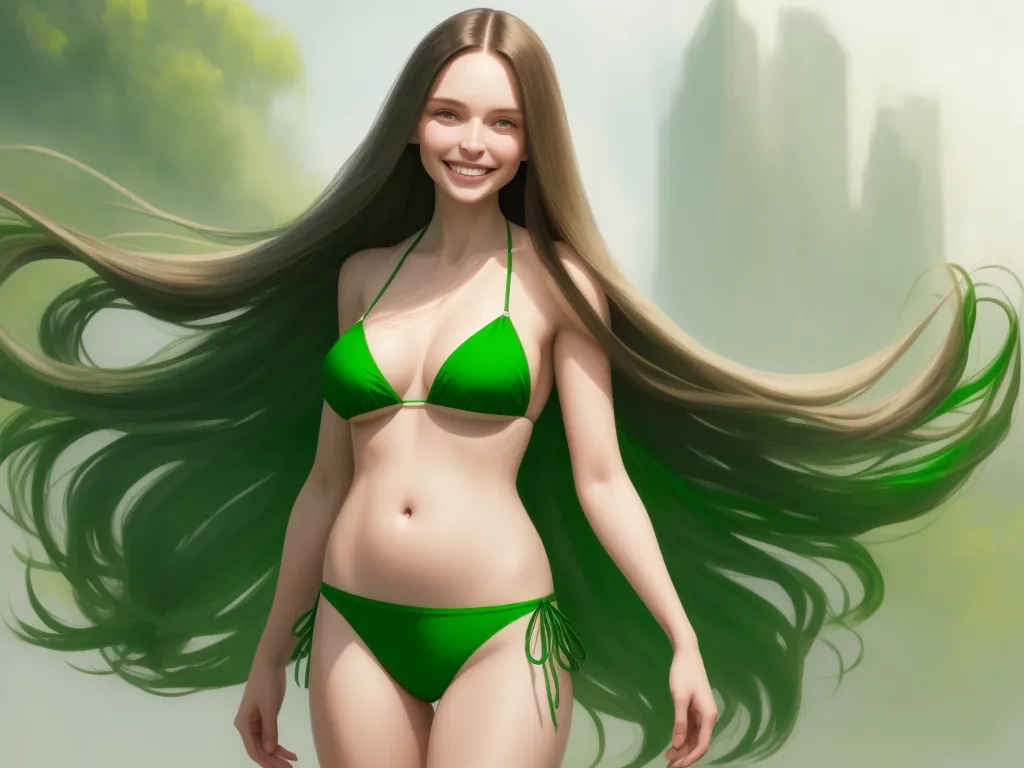 low quality images - a woman in a bikini with long hair in a green bikini top and green pants with a waterfall of trees in the background, by Cyril Rolando