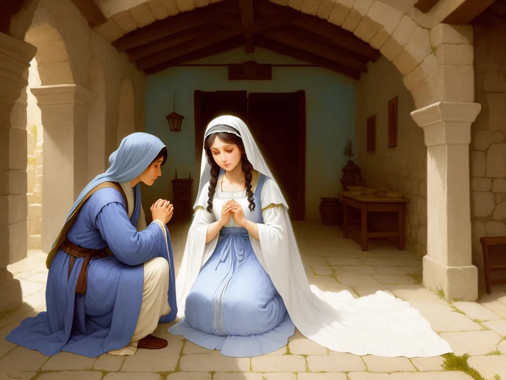 how to fix low resolution photos - a painting of a woman kneeling down next to a woman in a blue dress and a white veil on, by Edmund Leighton
