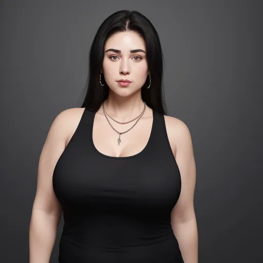 ai image generation - a woman in a black top is posing for a picture with a cross necklace on her neck and a black tank top, by Billie Waters