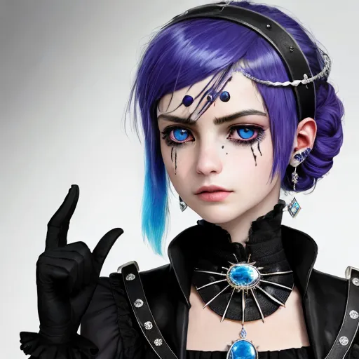 ai text image - a woman with blue hair and black gloves holding a peace sign and wearing a black outfit with blue hair and piercings, by Daniela Uhlig