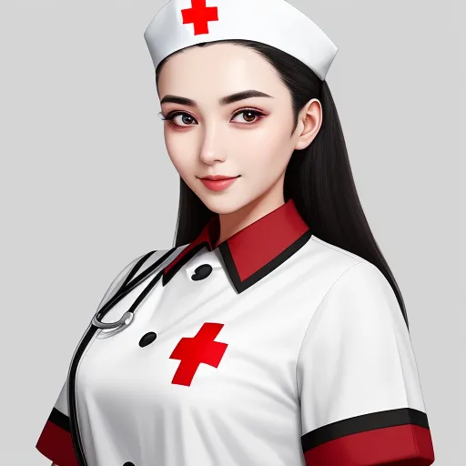 high quality pictures online - a woman in a nurse outfit with a red cross on her chest and a stethoscope on her head, by Chen Daofu