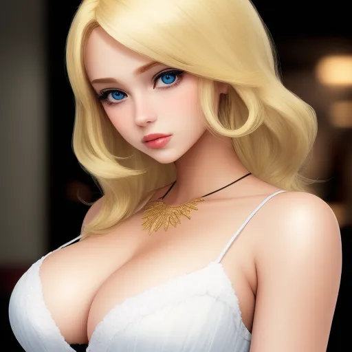a very pretty blonde with big breast posing for a picture with a necklace on her neck and a white dress, by Terada Katsuya