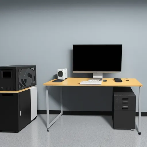 best text-to image ai - a computer desk with a monitor and a keyboard on it and a printer on the desk next to it, by Toei Animations