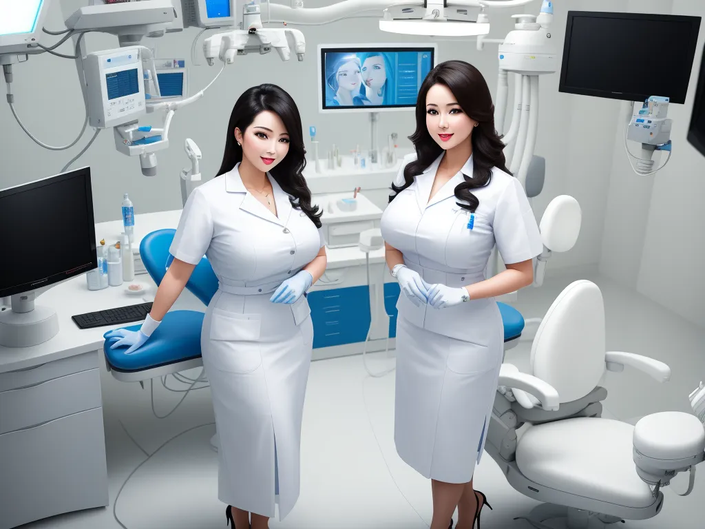 two women in white uniforms standing in a dental room with a monitor and chair in the background and a dentist chair in the foreground, by Terada Katsuya