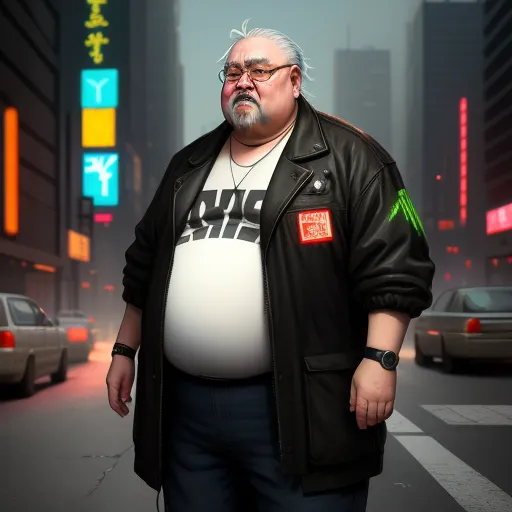 a man with a big belly standing in the middle of a street with cars behind him and a city skyline in the background, by Lois van Baarle