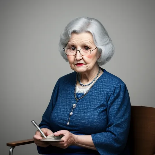 text to ai image generator - an old woman holding a remote control in her hands and a book in her lap, while sitting in a chair, by Billie Waters
