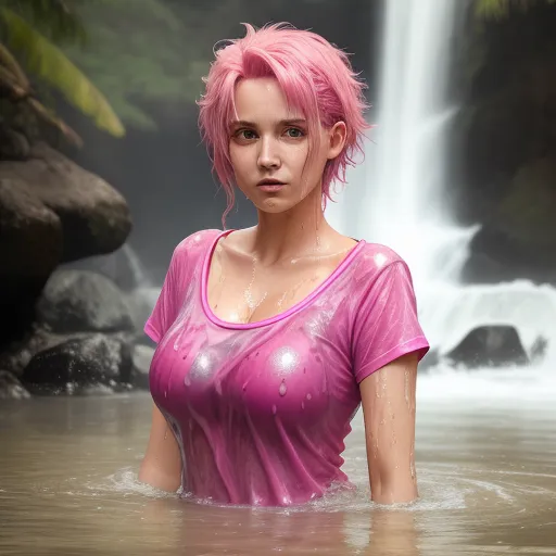 hd images - a woman with pink hair standing in a river next to a waterfall with a waterfall behind her and a waterfall behind her, by Terada Katsuya