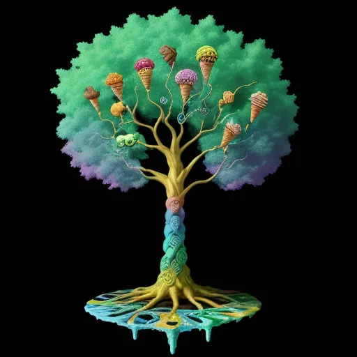a tree with ice cream cones on it and a black background with a black background and a black background, by Evgeni Gordiets