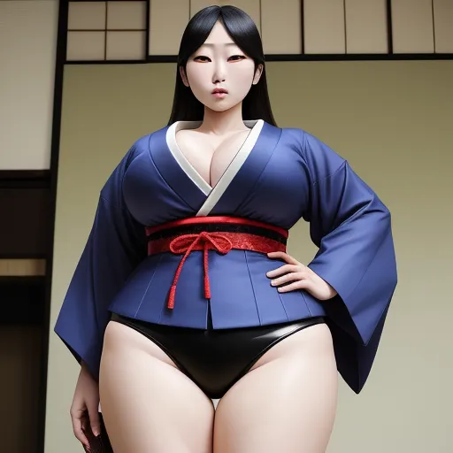 ai text to image generator - a woman in a blue and black outfit with a red belt around her waist and a black belt around her waist, by Terada Katsuya