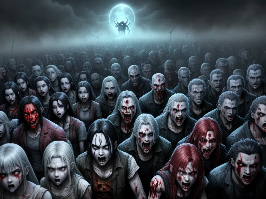 a group of zombies with blood on their faces and hands in a dark room with a full moon in the background, by Anton Semenov