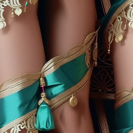 a close up of a pair of legs with a green and gold garter and a gold tassel, by Hanabusa Itchō