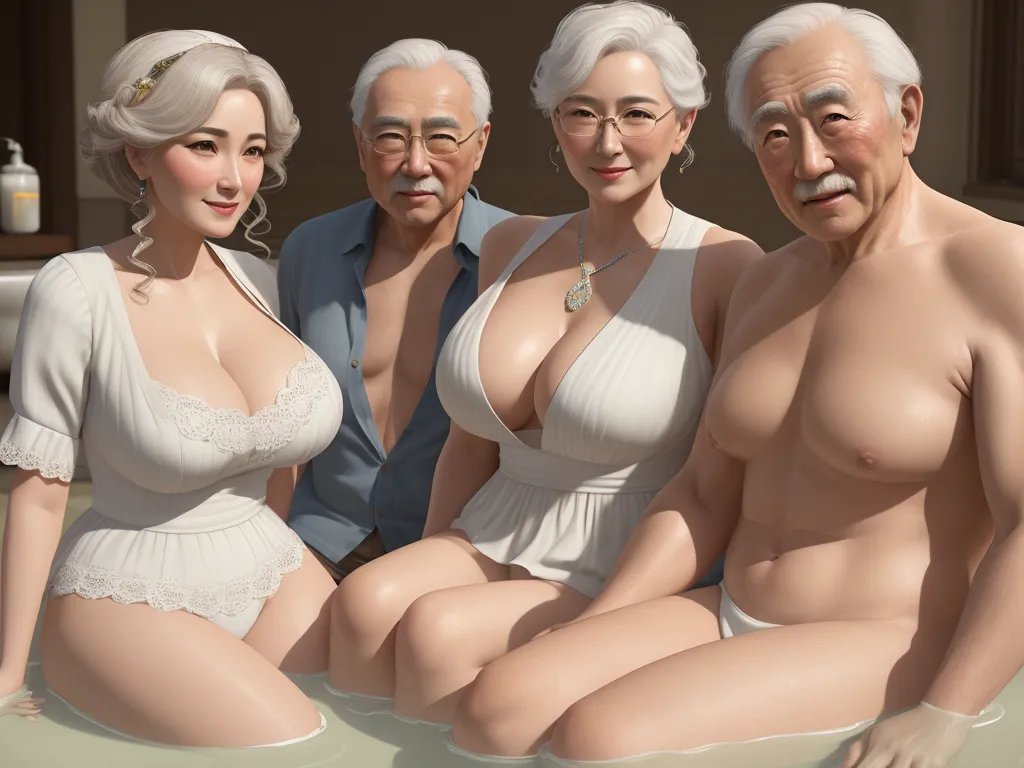 a group of three older people sitting next to each other on a bathtub with a woman in a white dress, by Shusei Nagaoko
