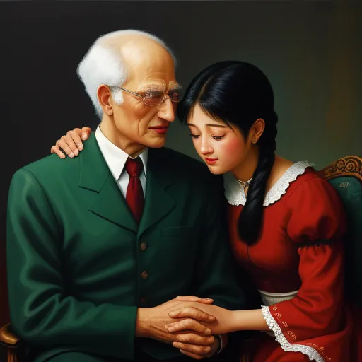 a painting of a man and woman holding hands together, with a dark background and a green suit and red dress, by Liu Ye