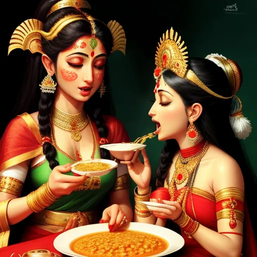 a painting of two women eating food together on a table with a green background and a red table cloth, by Raja Ravi Varma
