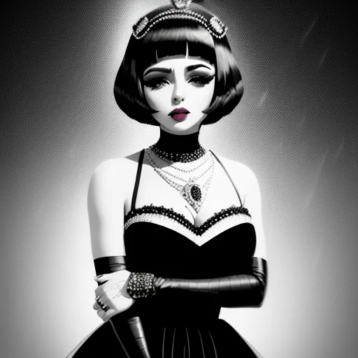 advanced ai image generator - a woman in a black dress with a necklace and a purse on her shoulder and a black and white background, by Lois van Baarle